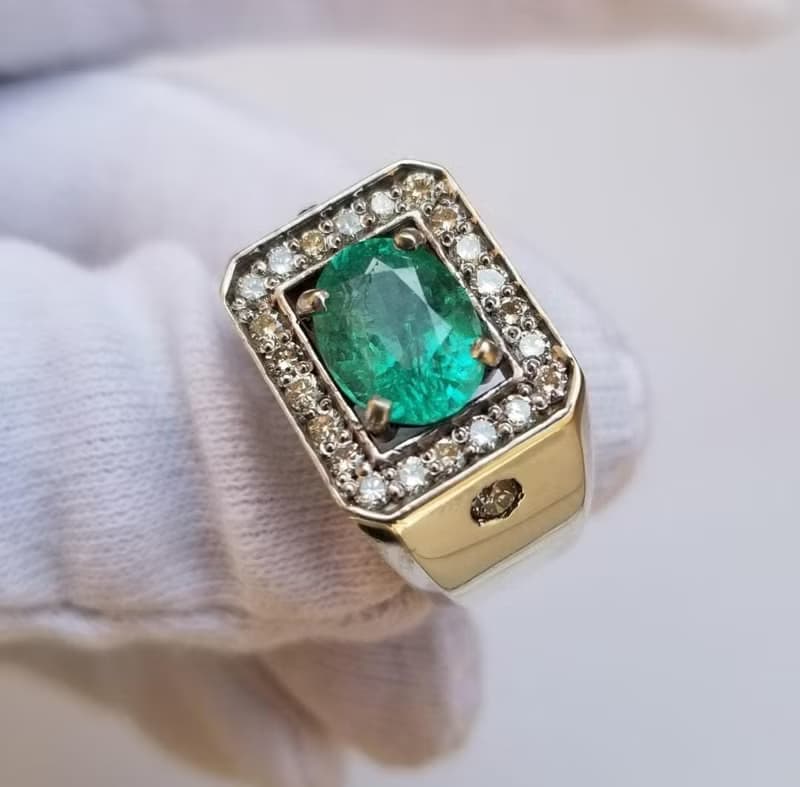 Natural Deep Green Emerald Mens Ring Sterling Silver 925 Emerald Ring For Men