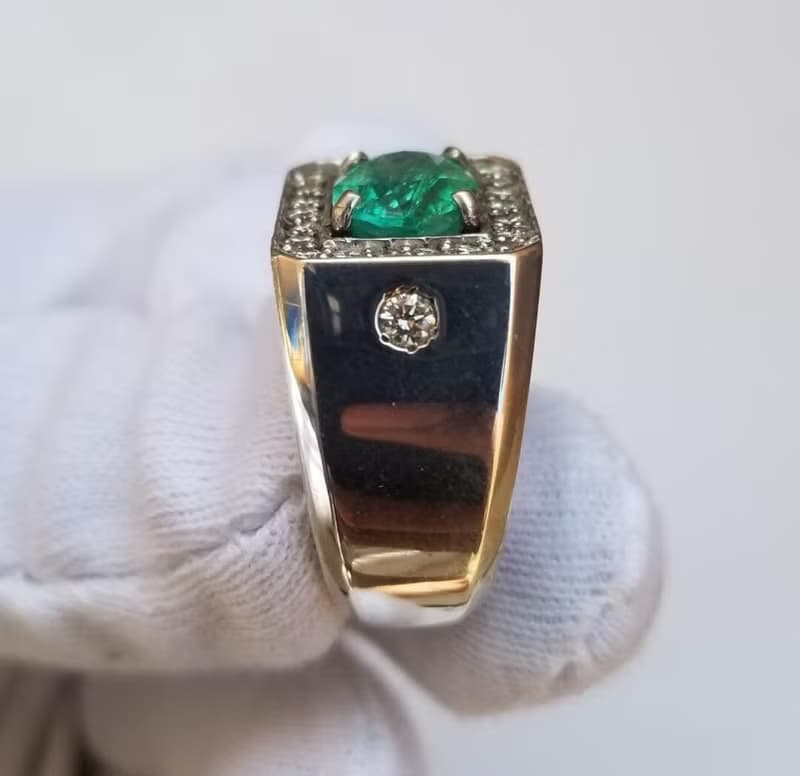 Natural Deep Green Emerald Mens Ring Sterling Silver 925 Emerald Ring For Men