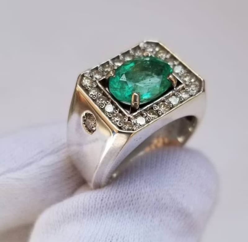 Natural Deep Green Emerald Mens Ring Sterling Silver 925 Emerald Ring For Men