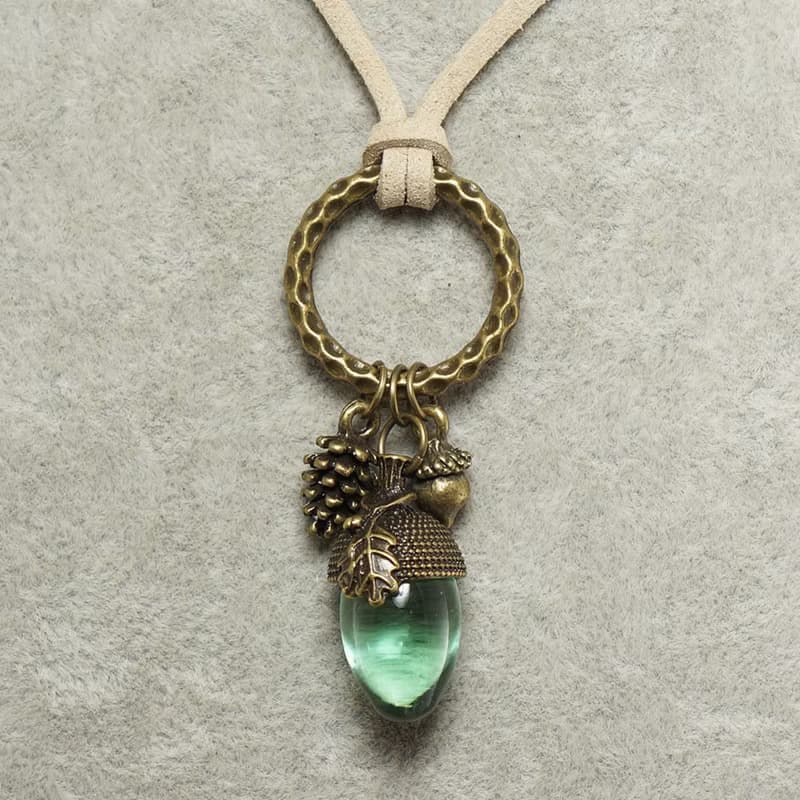 Clear Mint Green Glass Acorn Pine Cone Forest Woodland Necklace Jewelry Gift