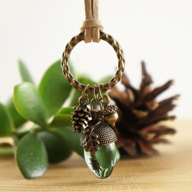 Clear Mint Green Glass Acorn Pine Cone Forest Woodland Necklace Jewelry Gift