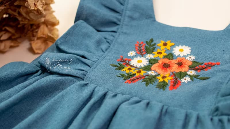 Handmade by Mina【寶寶手工刺繡荷葉洋裝套裝】贈禮盒 彌月禮