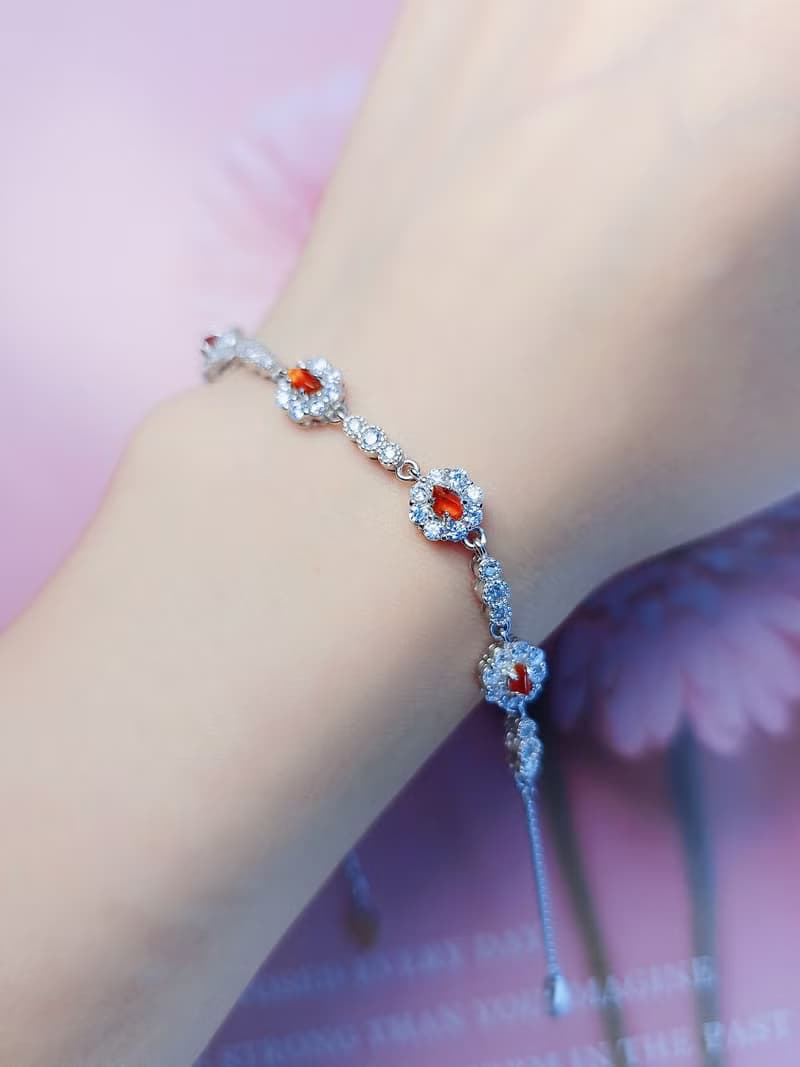 |招財•幸福|緬甸A貨翡翠天然無燒冰玻紅翡隨形純銀多顆手鏈