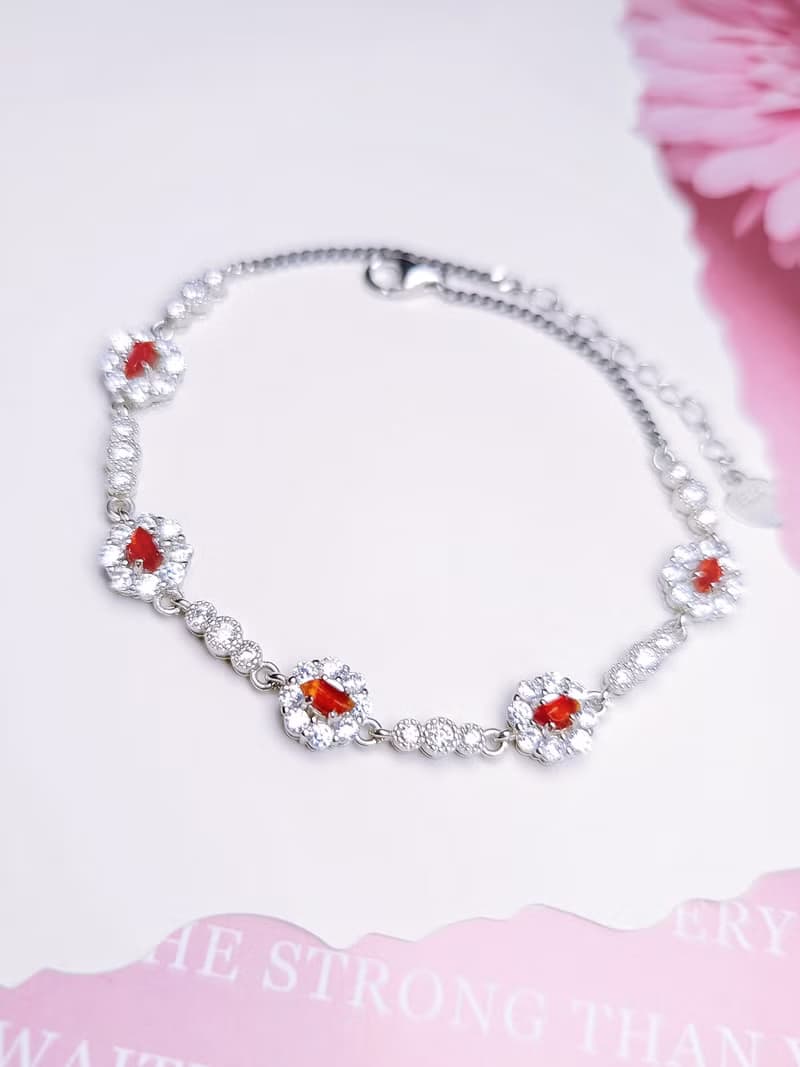 |招財•幸福|緬甸A貨翡翠天然無燒冰玻紅翡隨形純銀多顆手鏈