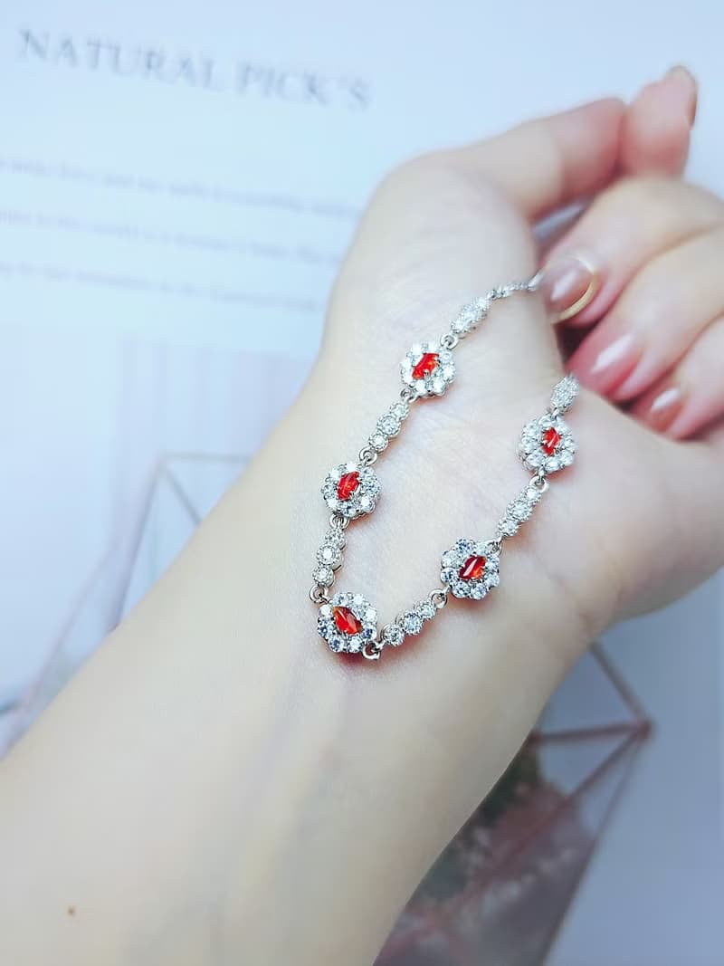 |招財•幸福|緬甸A貨翡翠天然無燒冰玻紅翡隨形純銀多顆手鏈