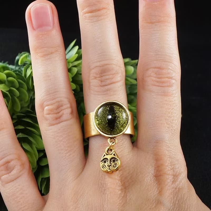 Olive Green Glass Cat Eye Evil Eye Gold Adjustable Protection Charm Ring Jewelry