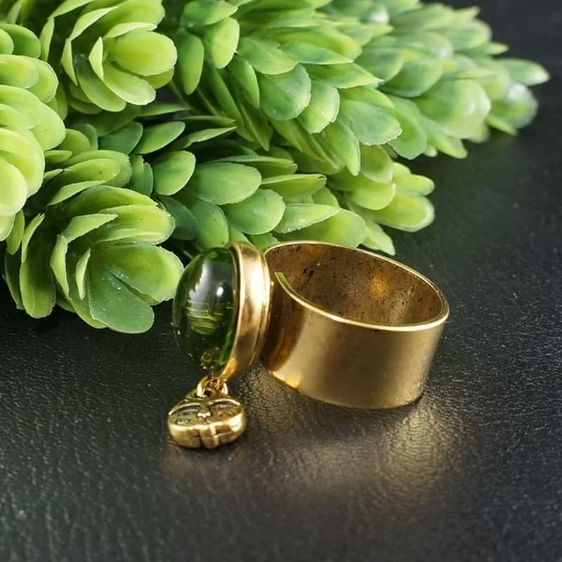 Olive Green Glass Cat Eye Evil Eye Gold Adjustable Protection Charm Ring Jewelry