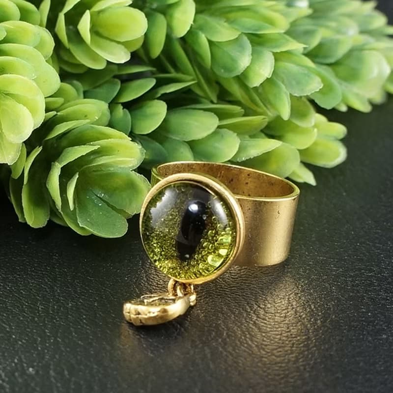 Olive Green Glass Cat Eye Evil Eye Gold Adjustable Protection Charm Ring Jewelry