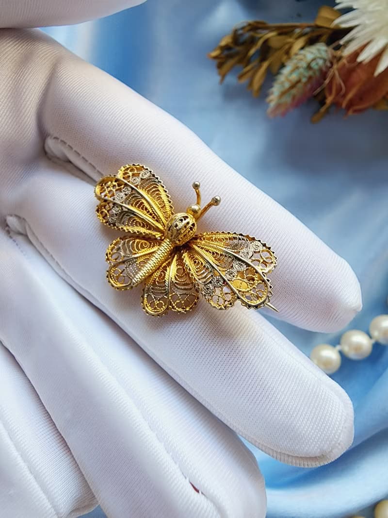美國西洋古董飾品/ 義大利手工純銀鎏金蝴蝶掐絲纍絲胸針/別針