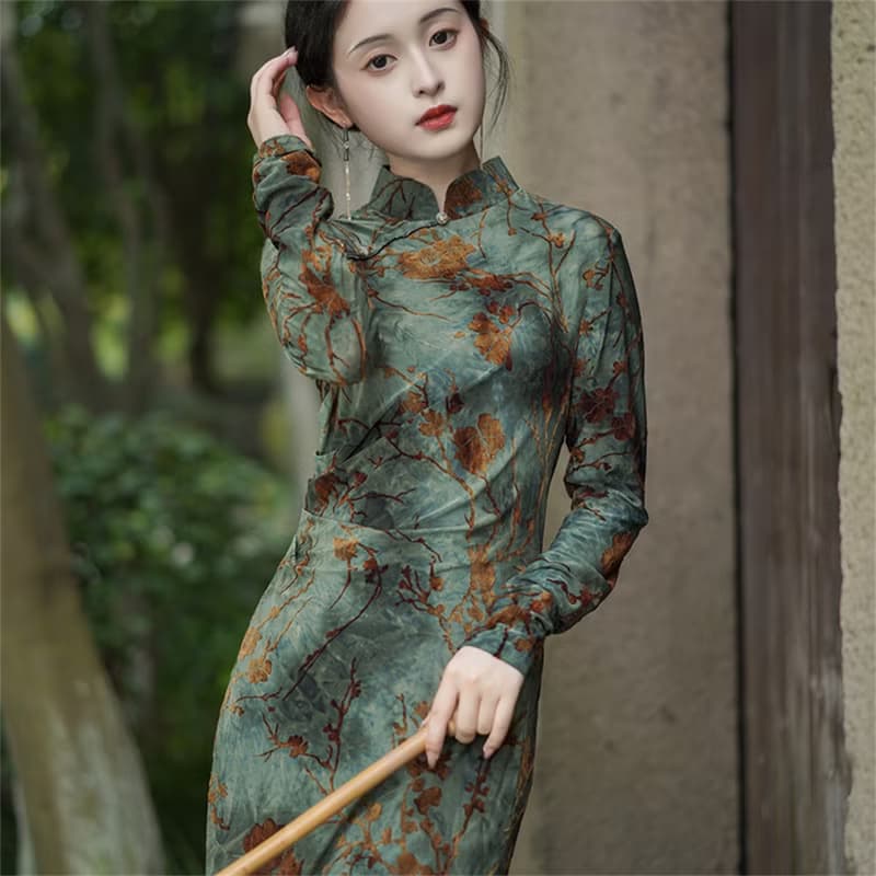 晚情 新中式改良旗袍 長袖扎染復古洋裝 國風印花優雅長裙