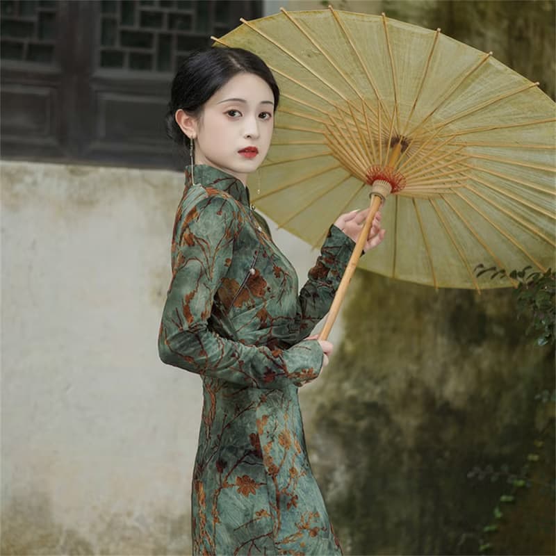 晚情 新中式改良旗袍 長袖扎染復古洋裝 國風印花優雅長裙