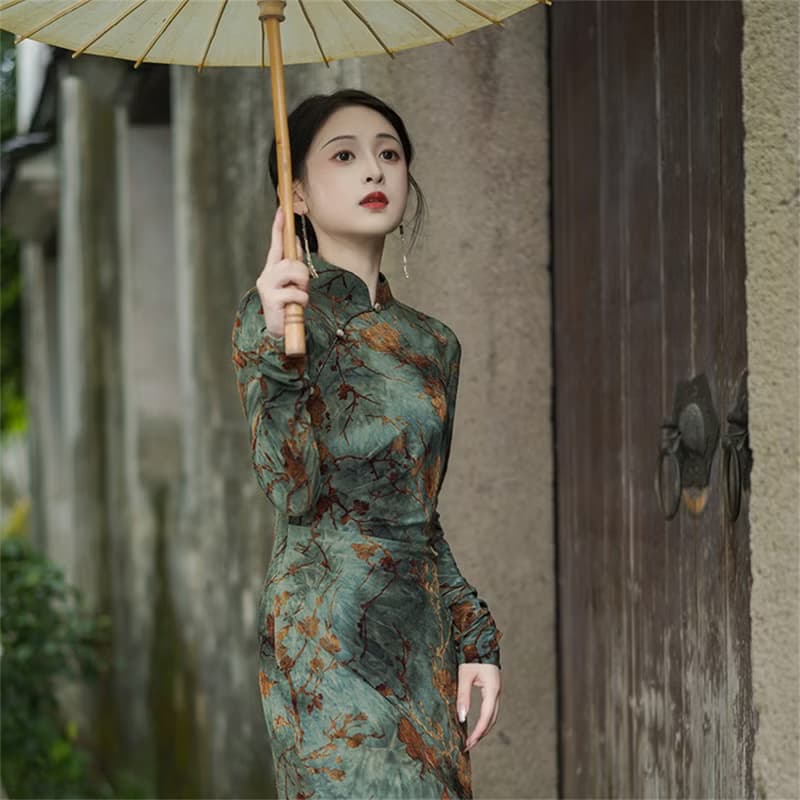 晚情 新中式改良旗袍 長袖扎染復古洋裝 國風印花優雅長裙