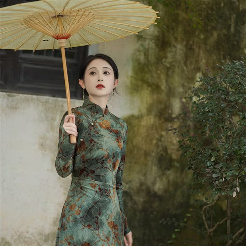 晚情 新中式改良旗袍 長袖扎染復古洋裝 國風印花優雅長裙