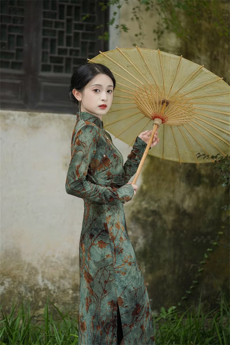 晚情 新中式改良旗袍 長袖扎染復古洋裝 國風印花優雅長裙