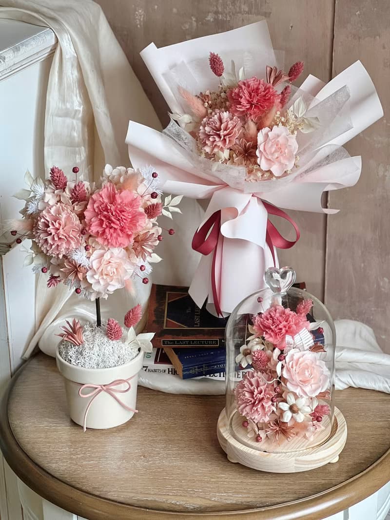 【訂製商品】母親節永生花禮•粉色系列•小夜燈/花球樹/花束