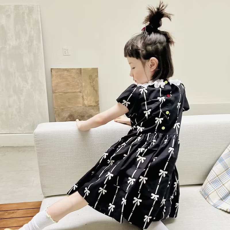 蝴蝶結印花黑色純棉洋裝 / 連身裙 裙子 親子裝 童裝