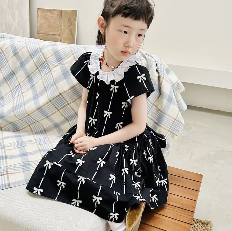 蝴蝶結印花黑色純棉洋裝 / 連身裙 裙子 親子裝 童裝
