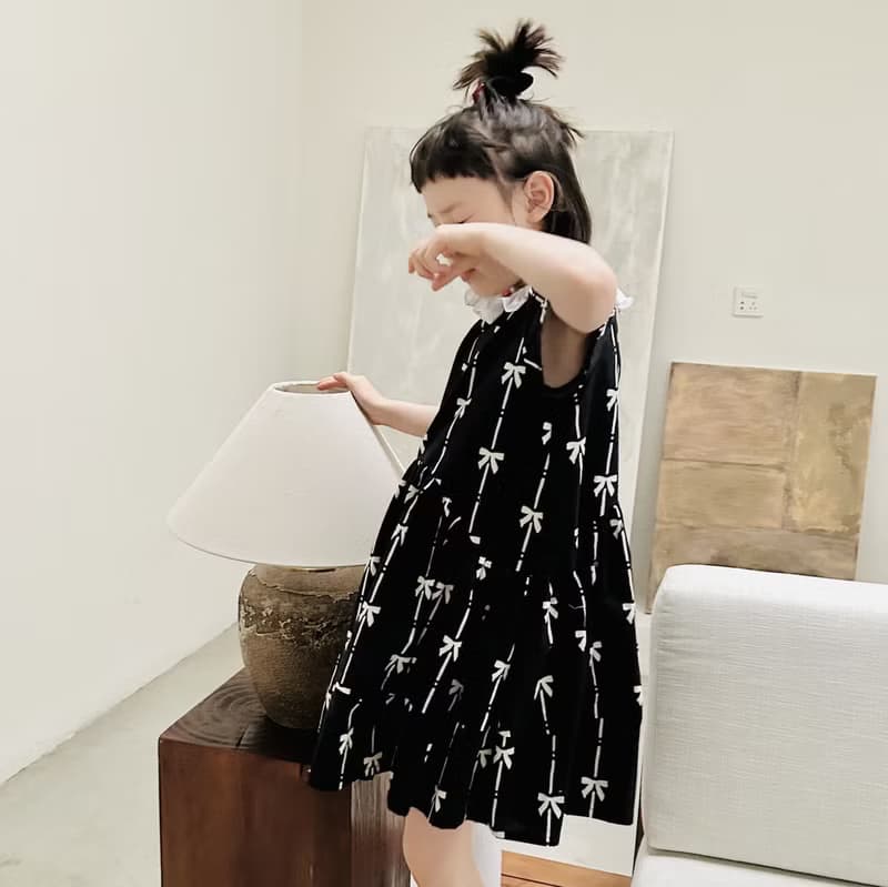 蝴蝶結印花黑色純棉洋裝 / 連身裙 裙子 親子裝 童裝
