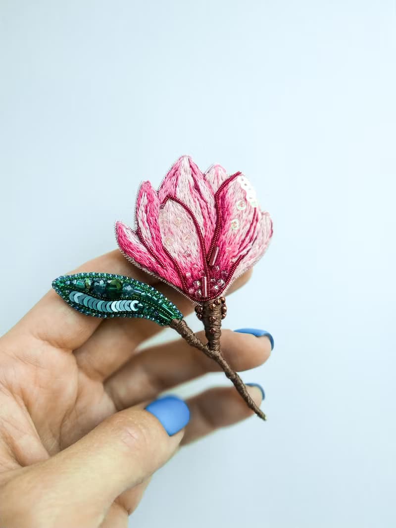 Embroidered magnolia brooch pink flower pin handmade in Ukraine