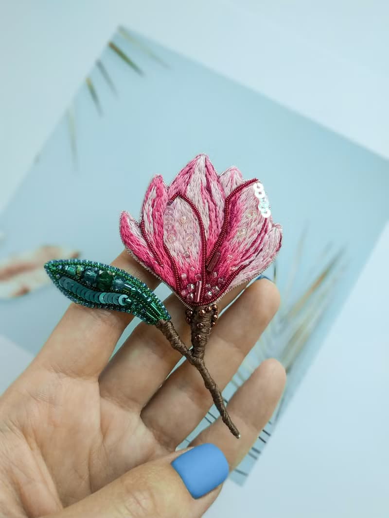 Embroidered magnolia brooch pink flower pin handmade in Ukraine