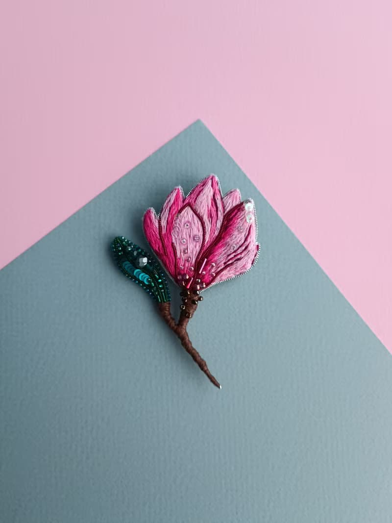 Embroidered magnolia brooch pink flower pin handmade in Ukraine