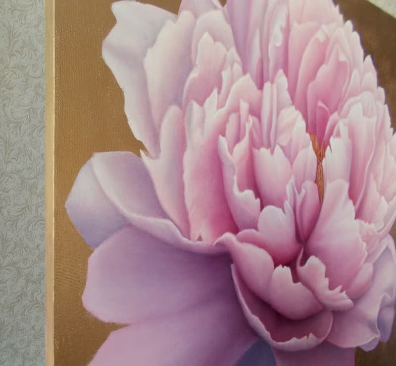 原創牡丹畫畫布花卉油畫金色畫粉紅色花朵牆藝術寫實牡丹畫