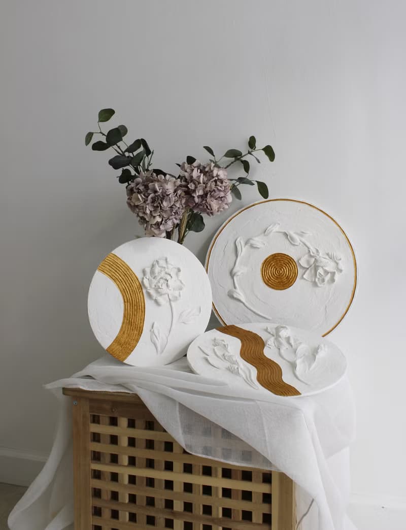 Set of 3 textured floral painting, plaster wall art, 3d white floral painting