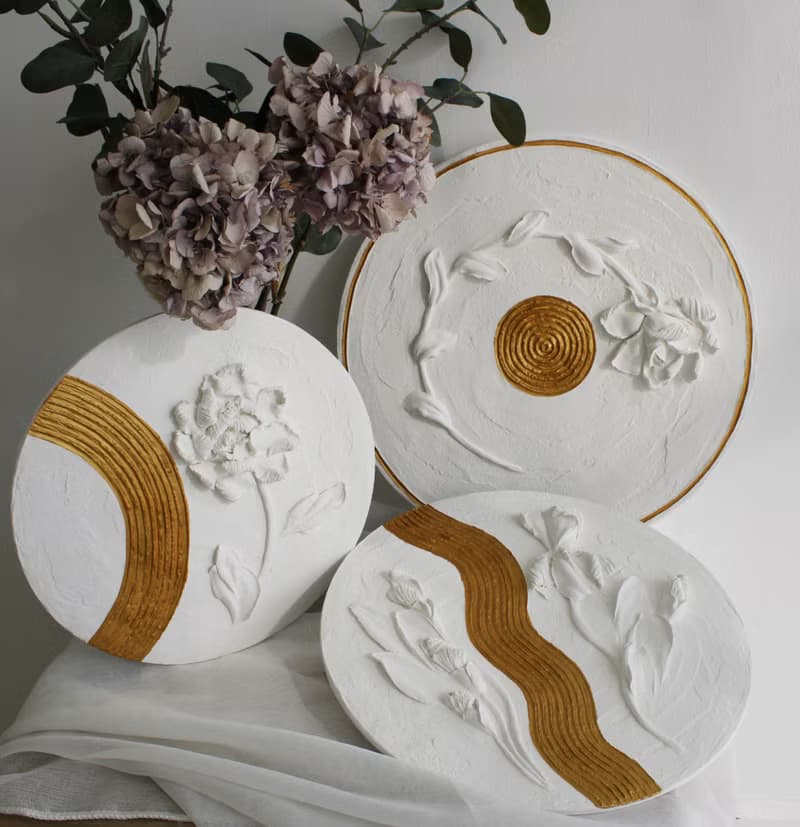 Set of 3 textured floral painting, plaster wall art, 3d white floral painting