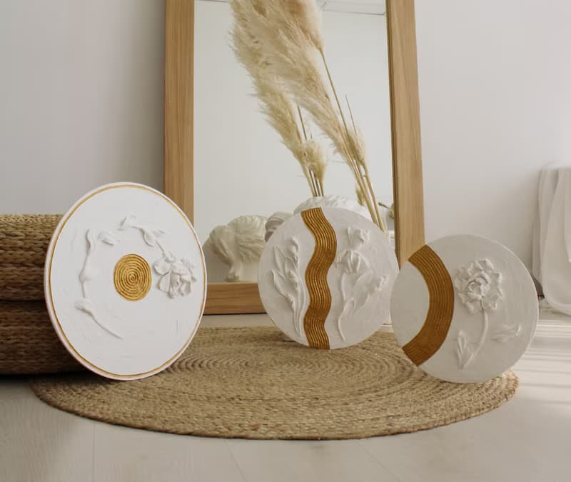 Set of 3 textured floral painting, plaster wall art, 3d white floral painting