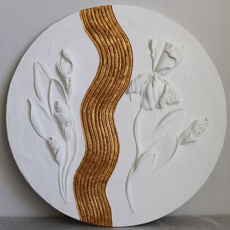 Set of 3 textured floral painting, plaster wall art, 3d white floral painting