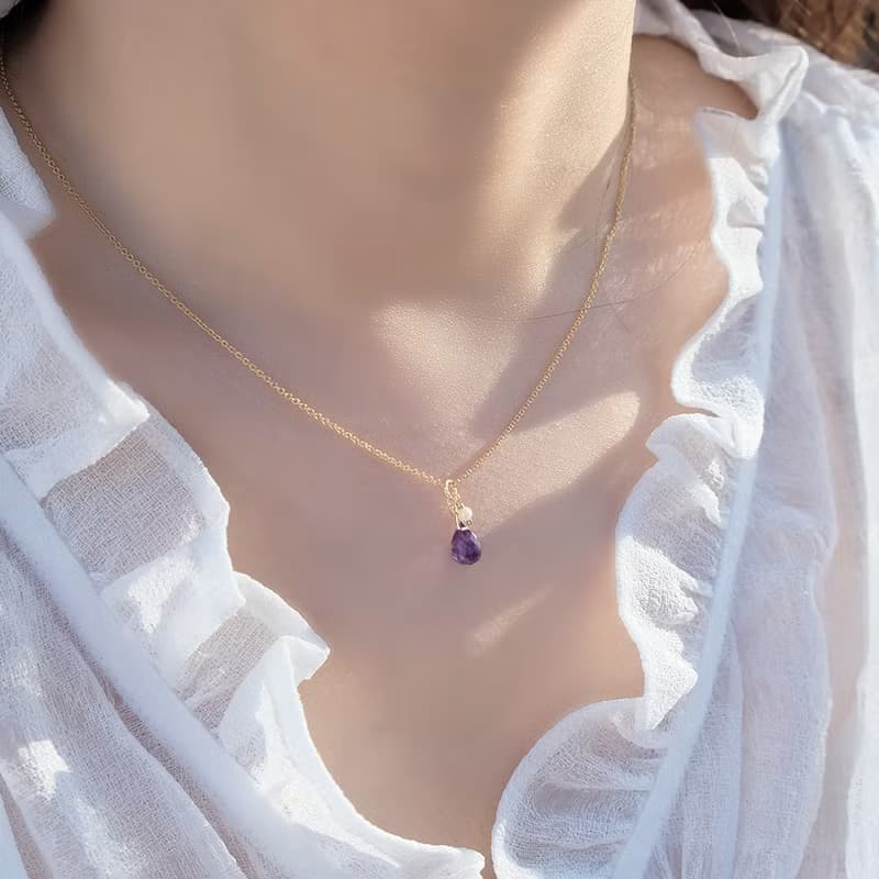 生日石 寶石項鍊 紫水晶 14K 包金 注金 水洗不退色 天然石輕珠寶