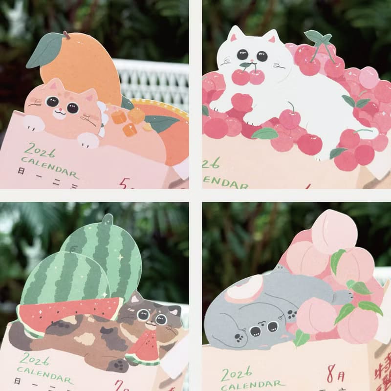森蕗插畫 新款 2026桌曆貓咪水果年曆 水果月曆文創年曆2026月
