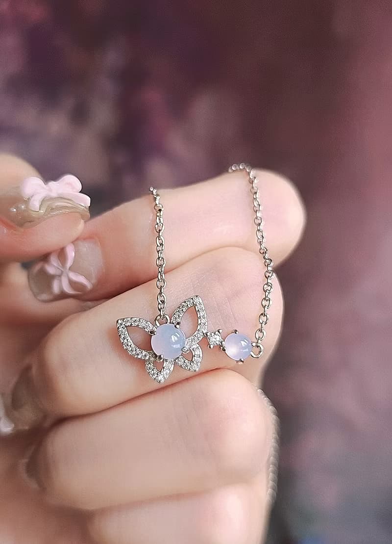 桃花•貴人•招財|夢幻冰膠仙女粉紫|緬甸A貨翡翠純銀蝴蝶項鍊