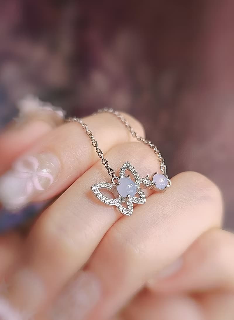 桃花•貴人•招財|夢幻冰膠仙女粉紫|緬甸A貨翡翠純銀蝴蝶項鍊