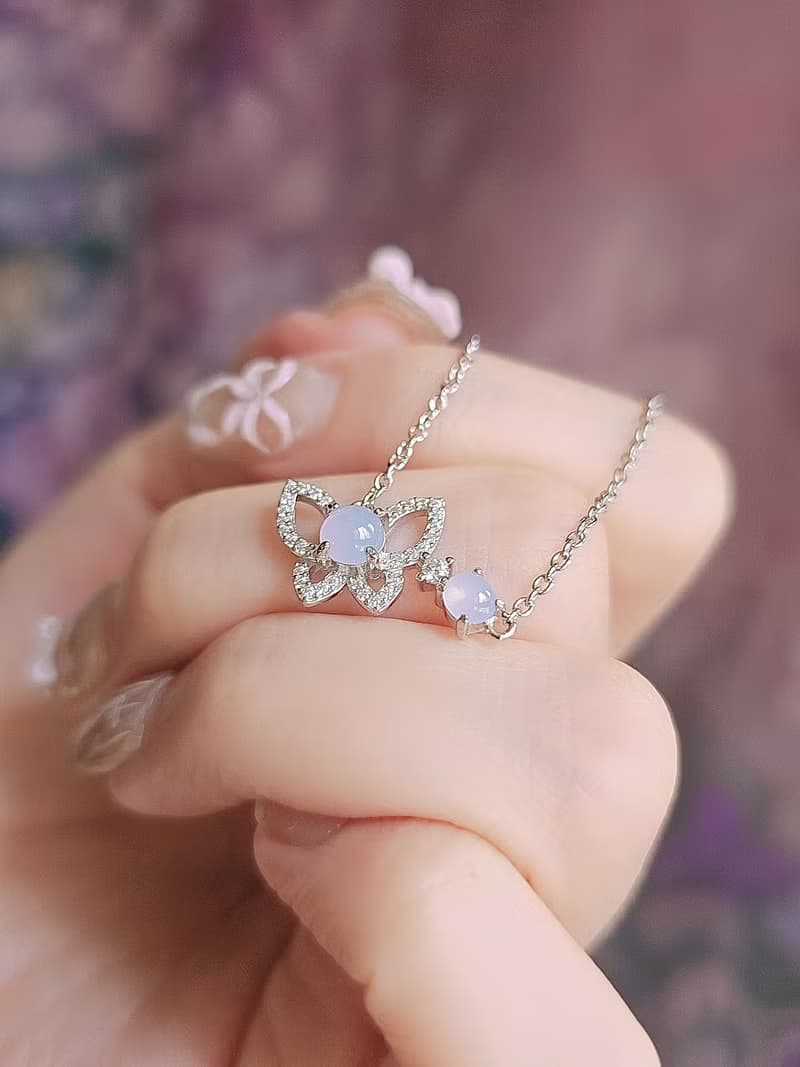 桃花•貴人•招財|夢幻冰膠仙女粉紫|緬甸A貨翡翠純銀蝴蝶項鍊