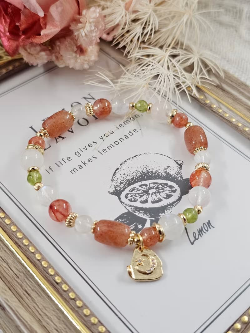 璀璨閃耀的暖陽-正能量/太陽石 /橄欖石/紅膠花/月光石水晶手鍊