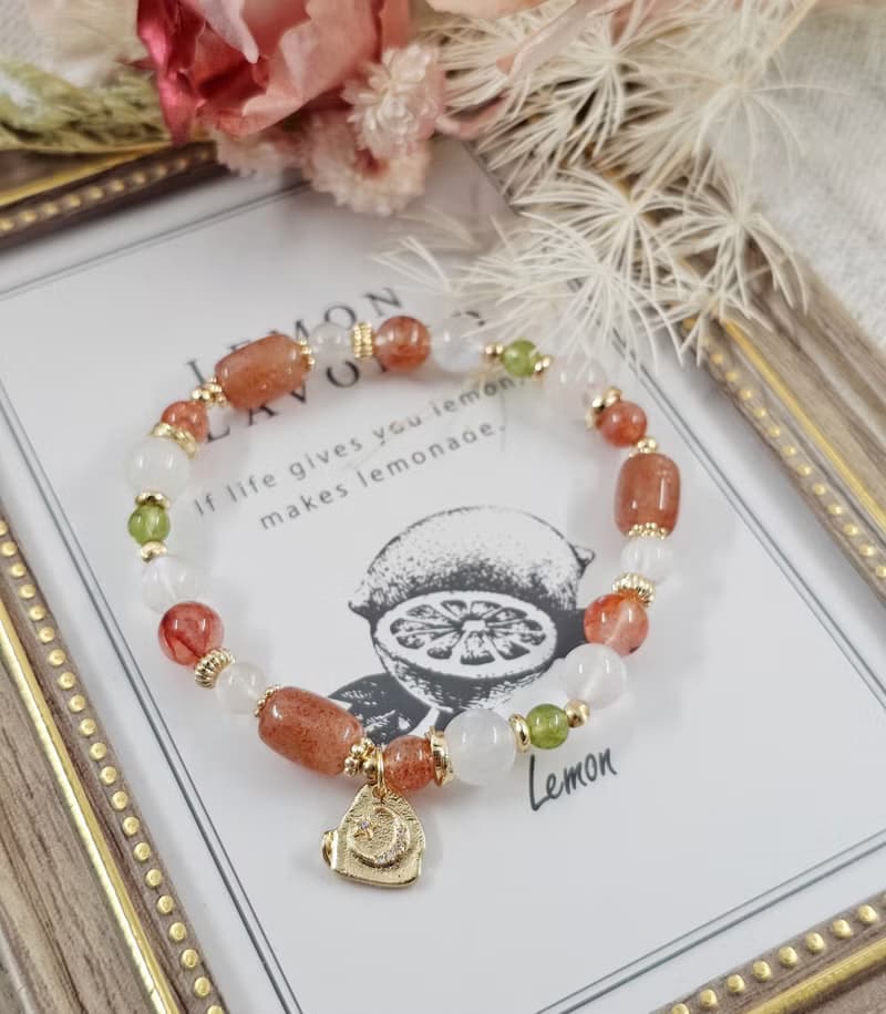 璀璨閃耀的暖陽-正能量/太陽石 /橄欖石/紅膠花/月光石水晶手鍊