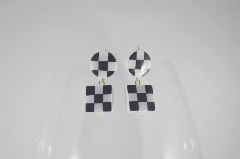 黑白棋盤格 圓與方 幾何耳釘耳飾