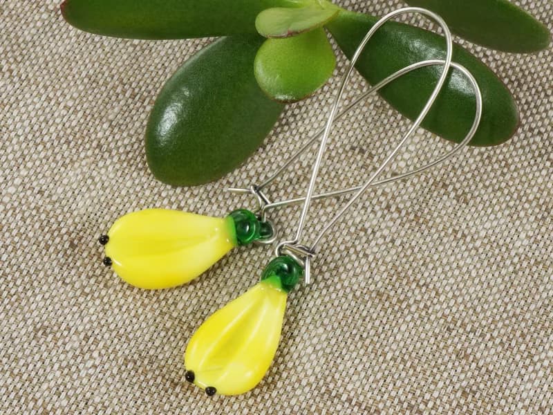 Yellow Banana Lampwork Glass Earrings Long Silver Vegan Fruit Earrings Jewelry