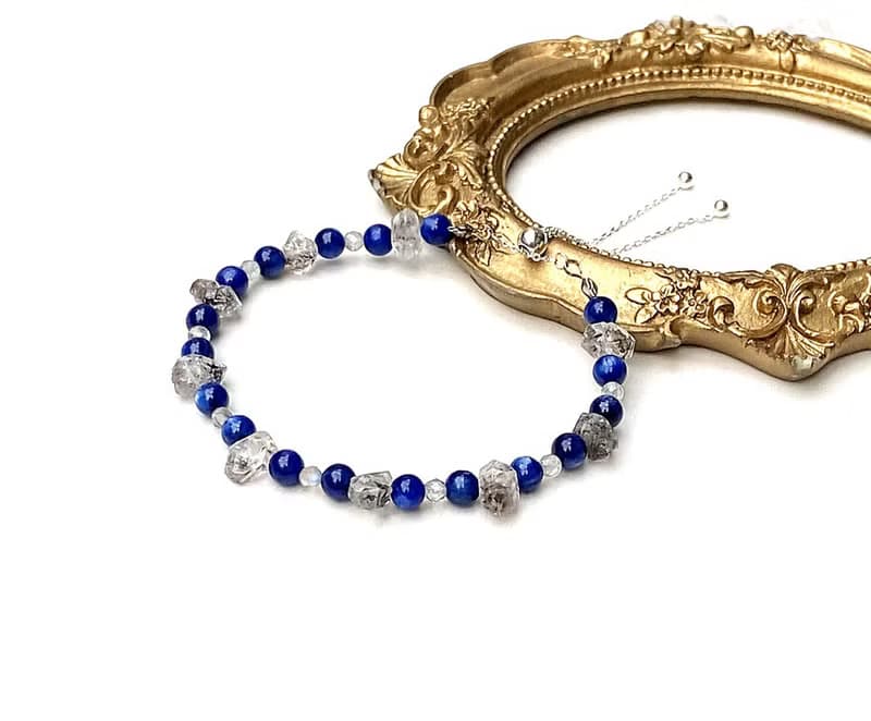 簡約質感系列-貓眼藍晶石x灰月光石x閃靈鑽原石925純銀手鍊