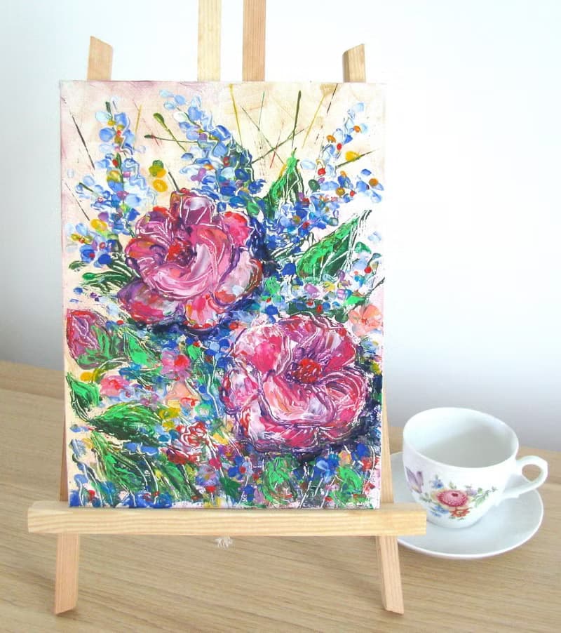 Garden flowers original impasto oil painting on canvas panel home wall decor