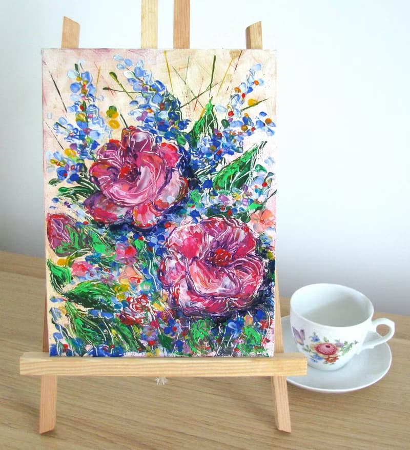 Garden flowers original impasto oil painting on canvas panel home wall decor