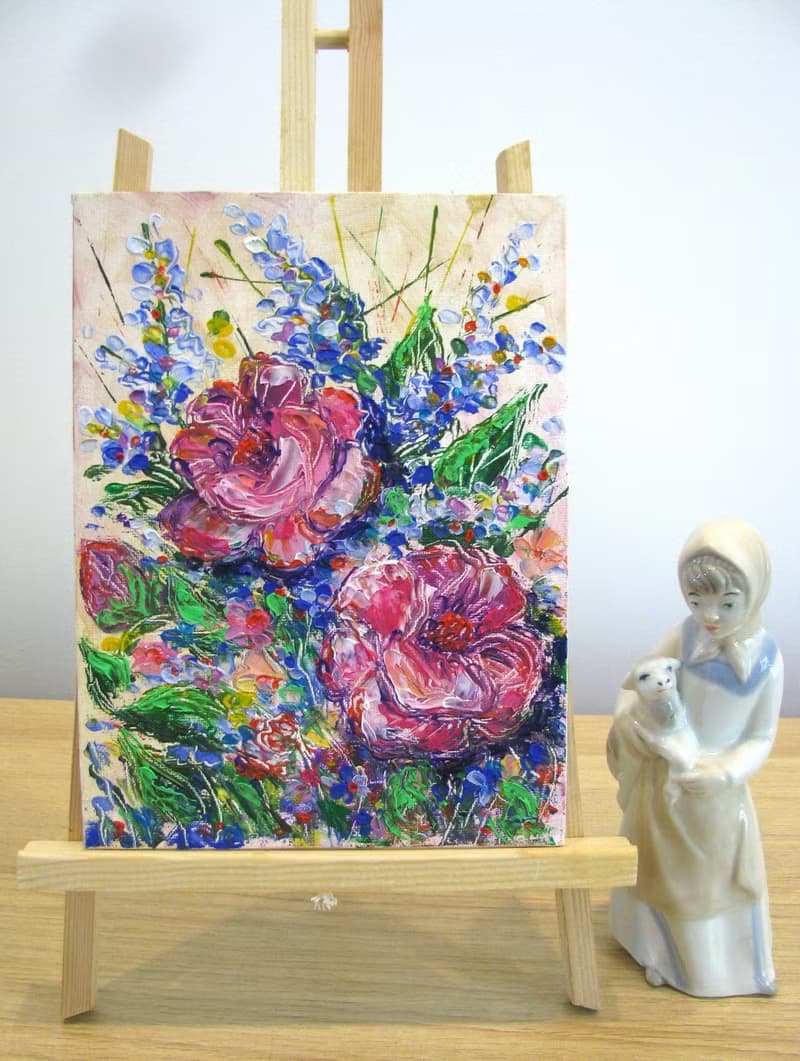 Garden flowers original impasto oil painting on canvas panel home wall decor