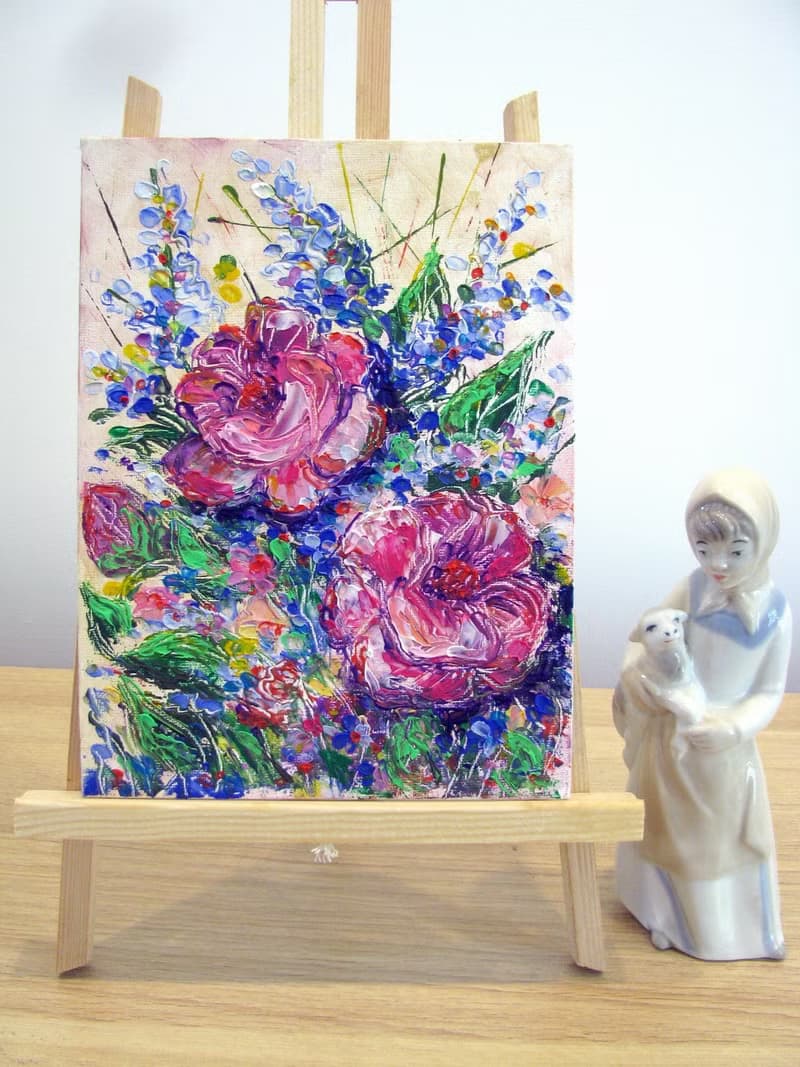 Garden flowers original impasto oil painting on canvas panel home wall decor