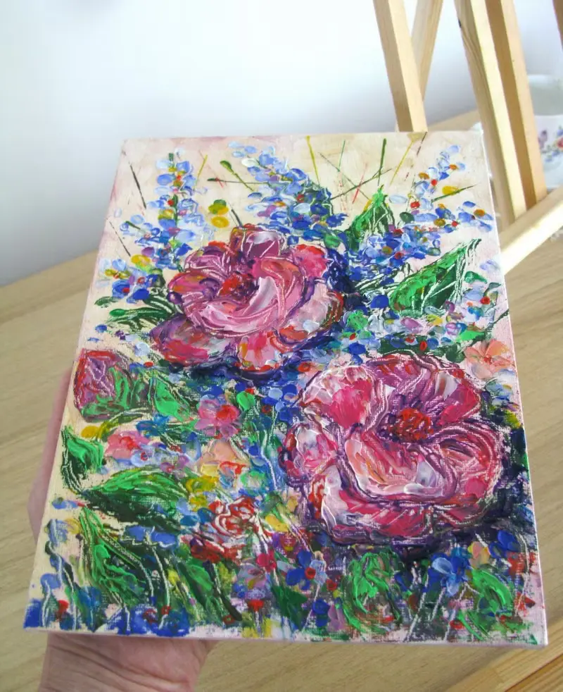 Garden flowers original impasto oil painting on canvas panel home wall decor