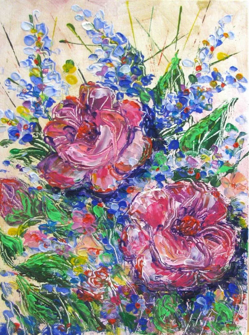 Garden flowers original impasto oil painting on canvas panel home wall decor