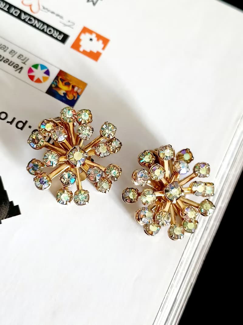 vintage jewelry  絢麗滿天星七彩萊茵 夾式耳環