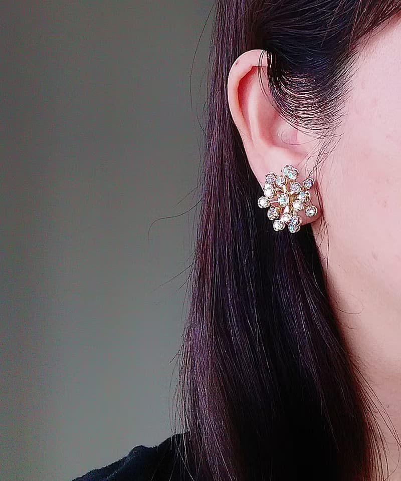vintage jewelry  絢麗滿天星七彩萊茵 夾式耳環