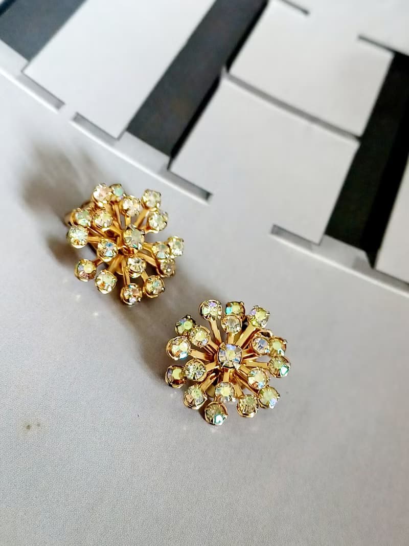 vintage jewelry  絢麗滿天星七彩萊茵 夾式耳環