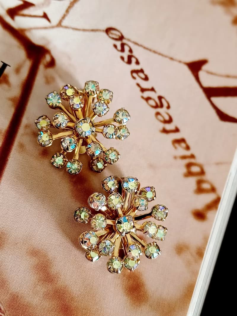vintage jewelry  絢麗滿天星七彩萊茵 夾式耳環